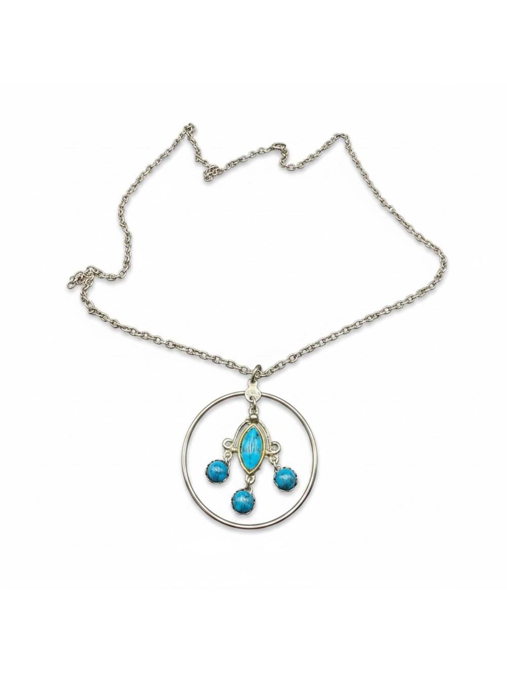 Vintage 24" Silver-Tone Tibetan-Style Turquoise Pendant Necklace